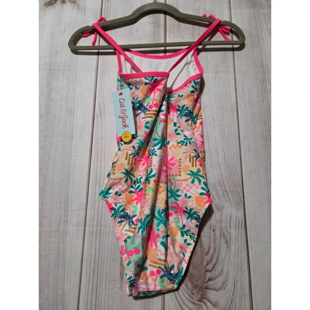 Cat‎ & Jack Girls Tropical Palm Tree One Piece Swimsuit Pink Green L 10/12 NWT